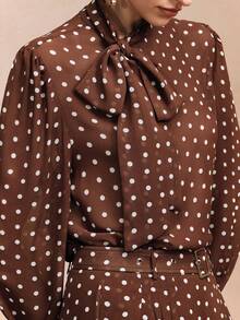 Arave Women's Pearl Chiffon Straight Leg Trouser Suit With Straight Shoulders, Fitted Waist, Stand Collar, Ribbon, And Puff Sleeves - Elegant Date Suit New Year Clothes New Year Outfit Polka Dot   Outfit Valentine's Day New Year - Coffee Brown - View 2