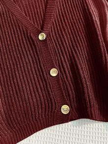 SHEIN EZwear Plus Size Rose Red V-Neck Button Front Casual Long Sleeve Cardigan/Winter - Rose Red - View 5