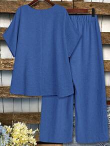 EMERY ROSE 大码纯色圆领短袖上衣和松紧腰阔腿裤两件套 - 淺藍色 - 查看 2