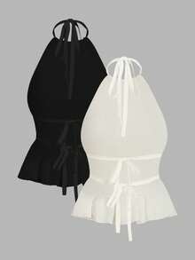 Comfortcana 女士性感纯色褶皱露背挂脖上衣