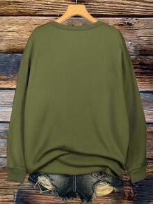 EMERY ROSE Jesus Slogan Graphic Print Casual Plus Size Women Corduroy Crew Neck Long Sleeve Sweatshirt, Gift For Friends, Autumn/Winter - Olive Green - View 2