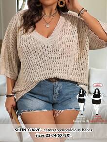 SHEIN CURVE+ 大码纯色V领镂空短袖宽松休闲套头毛衣，适合春夏穿着 - 卡其色 - 查看 1