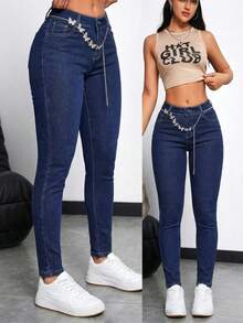 Pantalones Ajustados de Cintura Alta con Cadena de Mariposas de Color Azul Oscuro para Mujer, Pantalones de Moda - Azul lavado oscuro - Ver 1