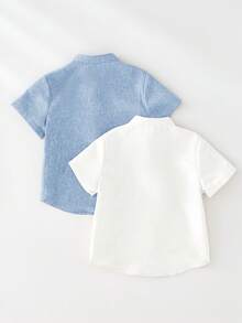 SHEIN Set de 2 camisas de manga corta con cuello mao de unicolor básico para niño, versátil y casual, adecuado para fiesta de cumpleaños, evento de noche, actuación, boda, baby shower, celebración del 1er cumpleaños - Multicolor - Ver 2