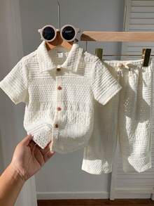 SHEIN 2件套男女宝宝幼儿白色镂空舒适短袖针织衫套装，包含上衣和阔腿裤，休闲复古百搭，日常可爱，适合春、夏、秋季、节日、庆典、度假、郊游、假日、婚礼、婴儿派对、洗礼、周岁生日等场合。 - 白色 - 查看 3