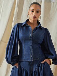 Vixey Balloon Sleeve Button Up Collared Denim Shirt - Dark Wash - View 4