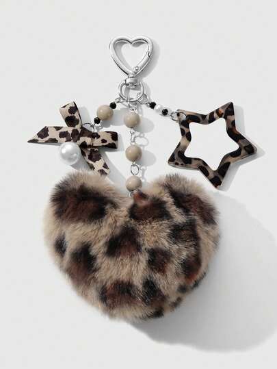 ROMWE Kawaii 1pc Fashionable Retro Personalized Acrylic Star Flower Brown Faux Fur Leopard Bow Heart DIY Keychain Bag Charm, Suitable For Women, Daily Wear, Holiday Gift