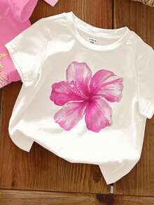 SHEIN LMoss Kids 3件套休闲度假热带花卉印花圆领短袖基础款T恤，图案包括芙蓉花、鸡蛋花、海星和贝壳，适合春夏穿着，白色、粉色和浅粉色可选。 - 彩色 - 查看 3