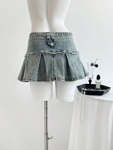 SHEIN EZwear Y2K Thời Trang Thắt Lưng Quần Jeans Giặt Viền Xỉn Cổ Điển Cho Nữ Chân Váy Mini - Rửa trung bình - Xem 2