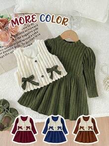 SHEIN Playful Pals 女婴秋冬时尚优雅高领泡泡袖修身纯色绒面连衣裙搭配短款圆领毛绒蝴蝶结装饰保暖背心，秋冬套装，日常穿着 - 綠色 - 查看 3