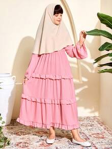 SHEIN Váy Maxi dài tay xếp nếp họa tiết hoa màu hồng cho bé gái, thích hợp cho các buổi đi chơi, đi làm, tiệc tùng, mua sắm, có thể kết hợp với áo khoác, áo khoác ngoài - Hồng - Xem 5