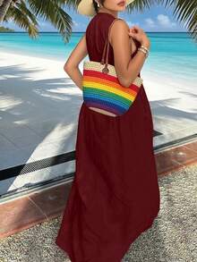 INAWLY Solva Plus Size Women Solid Color Zipper Placket Sleeveless Casual Dress - Burgundy - View 2
