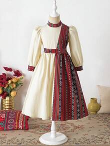 SHEIN Young Girl Dress, Apricot White Base With Red And Black Contrast Traditional Pattern, Geometric Diamond And Stripe Interwoven - Multicolor - View 2