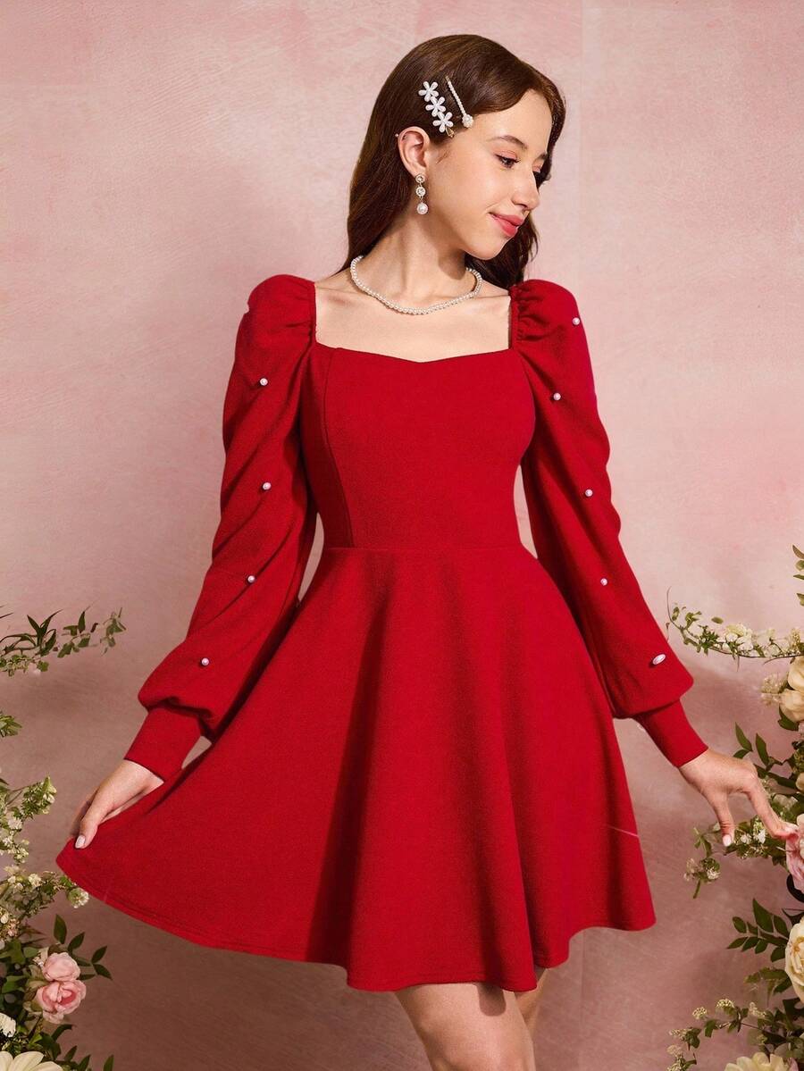 Pitira 少女派对装圣诞红/针织/冬季/优雅蚂蚁/派对/串珠泡泡袖长袖/珍珠扣/短裙,太阳下摆连衣裙 - 紅色 - 查看 1