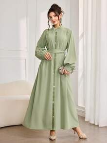 Al Najma Women's Elegant Ribbon Decor Lantern Sleeve Self-Tie Belt Arabic Style Dress - Green - View 4