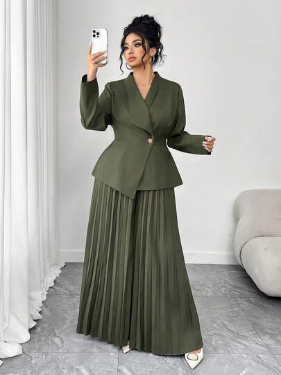 SHEIN Elenzya Plus Size Women Elegant Lapel V-Neck Long Sleeve Tie Waist Blazer Jacket & Straight Wide Leg Pleated Pants Set