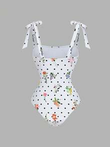SHEIN MOD Women's Floral & Polka Dot Print Tie Shoulder One-Piece Swimsuit, Slim Fit, Beach Vacation Style, Summer, Polka Dot, Flower Print, Cute, Kawaii, Swimwear Set, Vacation Outfits Women - Multicolor - View 6