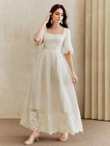 Anewsta Wedding/Party/Birthday/Vacation Embroidered Square Neck Waist Fit & Flare Dress For Women - Apricot - View 3