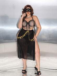 SHEIN 大码女士性感流苏无钢圈三件套内衣套装 - 黑色 - 查看 4