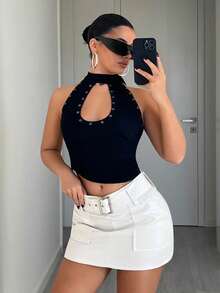 Jeanoix Y2K 时尚白色口袋腰带 PU 涂层 A 字裙 - 白色 - 查看 5