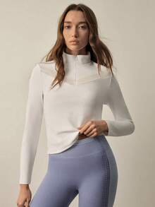 With My Calm Casual Versatile White V-Neck Semi-Sheer Design Slim-Fit Invisible Zipper Long Sleeve Women Equestrian Jacket - White - View 1