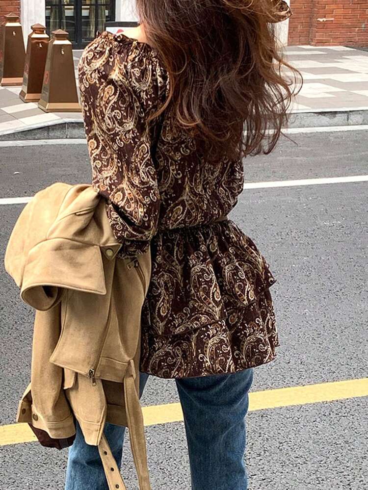 Vintage Floral Print Long Sleeve Cinched Waist Fashionable Versatile Casual Women Shirt Boho