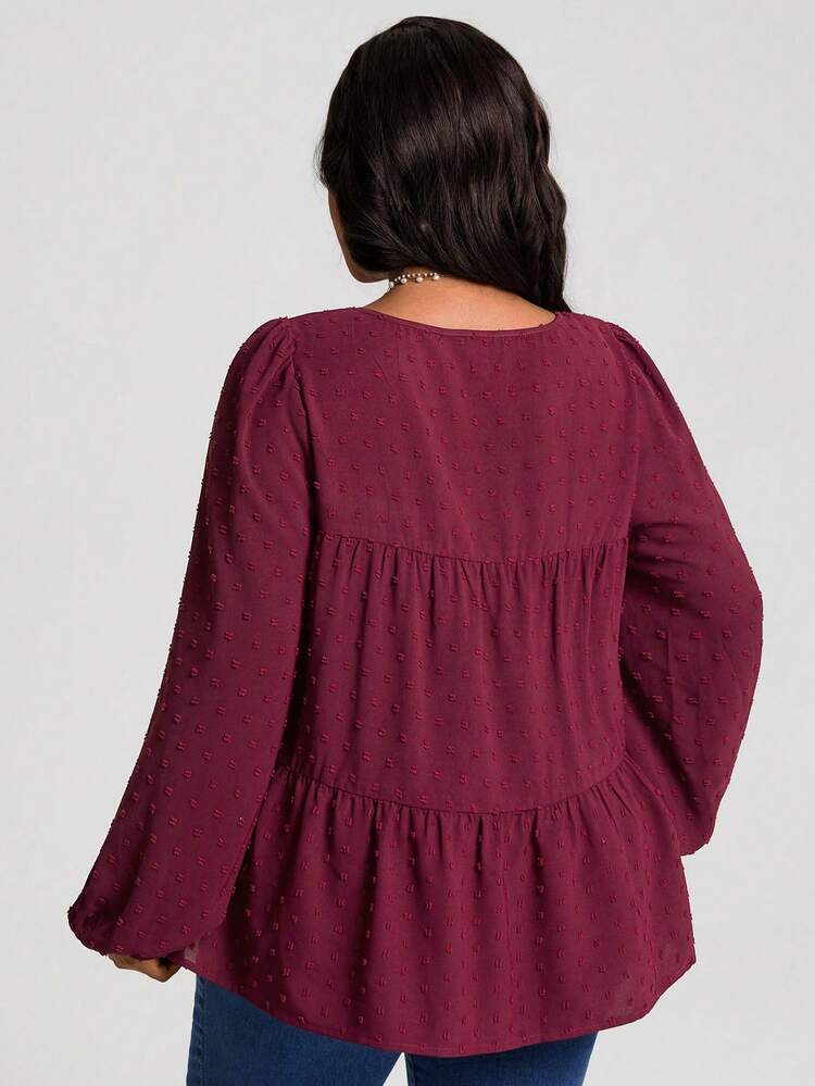 Plus Size Women's Spring/Autumn Casual Commuting Solid Color Contrast Lace Peplum Hem Blouse With Lantern Sleeves/Valentine's Day