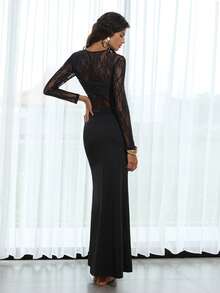 Opulessa 女士休闲纯色针织蕾丝连衣裙 - 黑色 - 查看 6