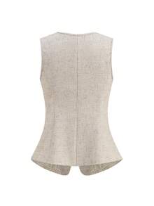 Editum 女士V领开衫收腰卡其色粗花呢亚麻质感无袖背心短裤套装，优雅日常穿着，通勤，秋冬季及早春皆宜 - 卡其色 - 查看 9