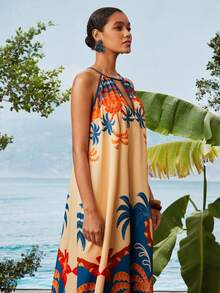 Travachic Women's Tropical Palm Tree Print Vacation Halter Dress - Multicolor - View 5