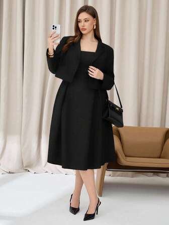 Auralis 秋冬季大码纯色单排扣长袖西装外套连衣裙优雅套装