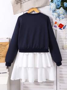 SHEIN 少女3D蝴蝶结装饰水钻长袖卫衣和蛋糕裙套装，适合日常休闲穿着和学生装扮。 - 藏蓝色 - 查看 2