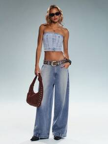 TRNVIE Calça jeans feminina de cintura baixa, corte reto, folgada, casual e versátil. - Azul - Ver 5