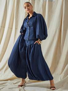 Vixey Drop Waist Pleated Balloon Hem Culotte Denim Pants - Dark Wash - View 1