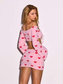 Sweetina 女士Y2K爱心图案露肩喇叭袖短款上衣和紧身迷你裙性感两件套 - 粉色 - 查看 2