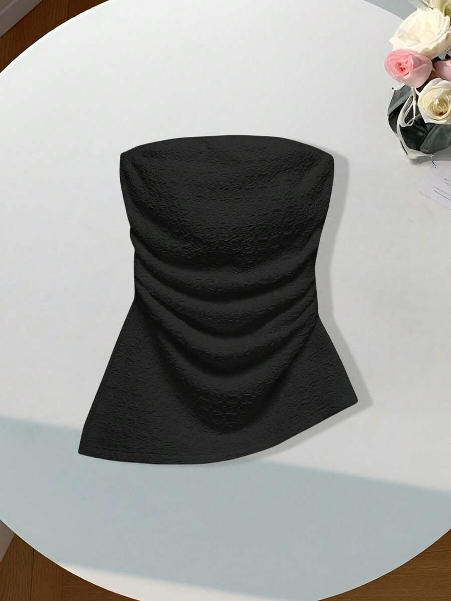 Comfortcana 實心捲邊側牙籤上衣 - 黑色 - 查看 1