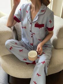 Napfluff 撞色蝴蝶结条纹印花翻领红色纽扣短袖上衣和裤子睡衣套装，春夏服装，蓝色条纹睡衣套装 - 藍色 - 查看 3