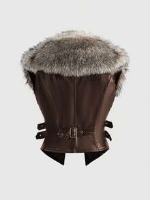 ROMWE J-Fashion Y2K秋冬季可拆卸人造毛领女式PU皮夹克 - 棕色 - 查看 2