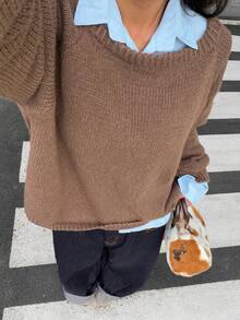 SHEIN EZwear Solid Khaki Raglan Sleeve Casual Sweater,Off The Shoulder Sweater In Fall/Winter