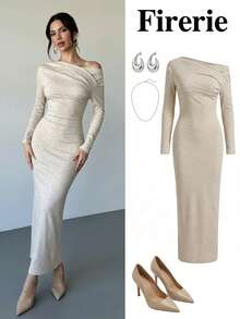 Firerie Women's Elegant Beige Autumn Ribbed Knit Bodycon Dress, Off Shoulder Pleated Long Sleeve Mermaid Hem Maxi Dress,Dining Date Night Party Dress - Coffee Brown - View 1