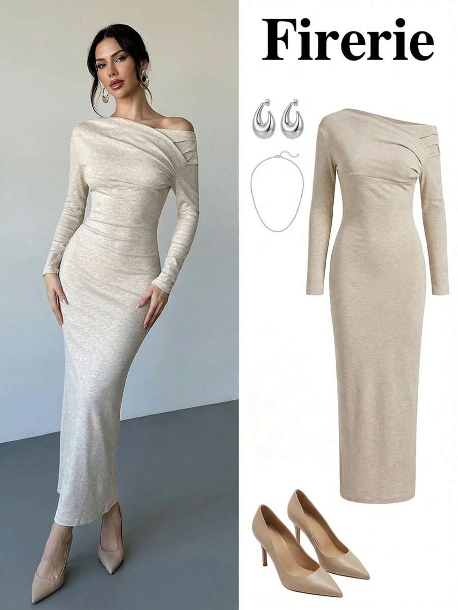 Firerie Women's Elegant Beige Autumn Ribbed Knit Bodycon Dress, Off Shoulder Pleated Long Sleeve Mermaid Hem Maxi Dress,Dining Date Night Party Dress - Coffee Brown - View 1
