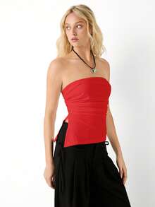SHEIN EZwear Women Fashionable Summer Solid Color Ruched Tube Top - Red - View 6