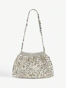 SHEIN BAE 1 件时尚奢华闪亮银色镂空扁平珠串珠包，带褶皱云朵女士单肩包，适合参加晚宴和时尚活动以及赠送朋友 - 銀色 - 查看 2