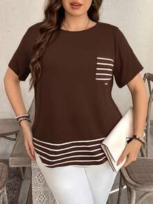 SHEIN LUNE 大码条纹拼接撞色口袋装饰休闲T恤 西部风格 - 巧克力棕 - 查看 4