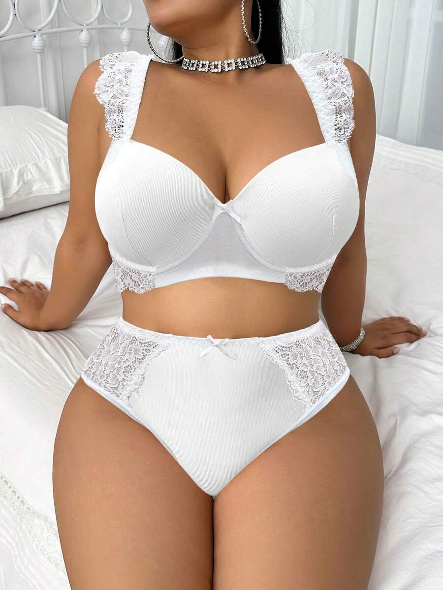 SHEIN 2pcs Plus Size Lace Patchwork Underwire Bra Set - White - View 1