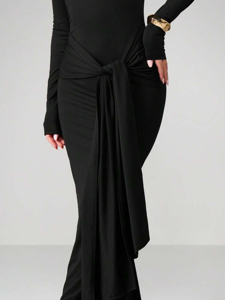 MISSGUIDED Women Long Sleeve Maxi Dress With Side Tie Waist Detail Casual Floor Length Bodycon Dress For Fall Winter