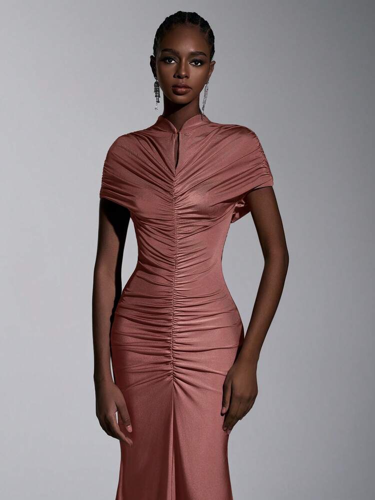 Elitara Elegant Shiny High-Stretch Swimsuit Fabric, Knitted With Novel Small Stand Collar, Front Hollow Decor, Front Pleated Fishtail Design, Minimalist And Chic, Suitable For All Formal Occasions, Wedding Events, Bachelorette Parties, Women's Formal Evening Gown - Brown - View 7