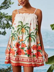 Travachic 女士夏季海滩度假热带鹦鹉印花荷叶边宽松吊带连衣裙 - 彩色 - 查看 1