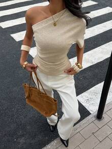 Siren Gaze Summer Off-Shoulder Slim-Fit Knit Short-Sleeved T-Shirt, Fashionable And Casual Top, Elegant Women's Top One Shoulder Top Neutral Top Ribbed Top - Apricot - View 6