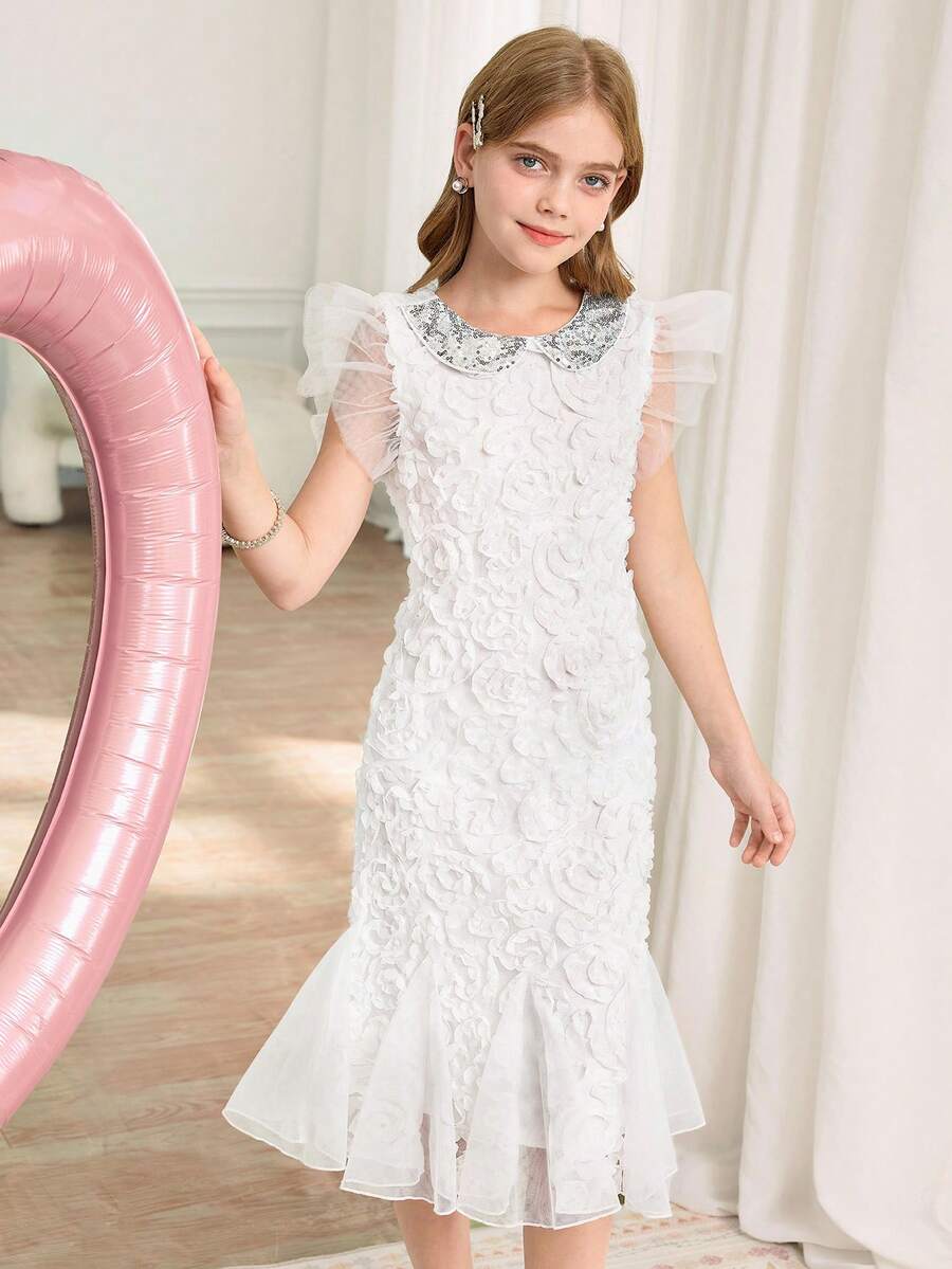 Vestido corto de gasa con cuello Peter Pan, mangas de campana y parches florales, estilo dulce y lindo, adecuado para bodas, fiestas, cumpleaños y San Valentín - Blanco - Ver 1